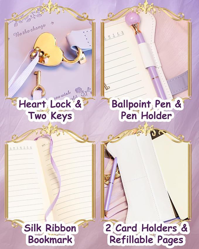Hoci Poci Diary with Lock and Keys for Girls Gift Ideas, 360 Pages Journal | Elegant Gift Box for Teen Girls, B6 Gold Edged Pages Refillable Notebook with Pen and Bookmark for Writing, Garden Purple