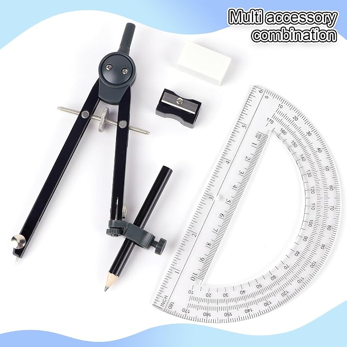UNJOO Professional Metal Compass for Geometry Set, Math Protractors (Silver) | Metal Compass with Wheel and Lock for Geometry, Drawing Compass Tool, Circle Drafting Tool, and 6 Inch Protractors 180 Degree