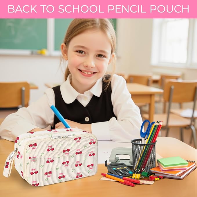 WOBAGMEN Cute Pencil Case,Large Corduroy Zippered Pencil Case Pouch, aesthetic Pencil Bag with Compartments, Pencil Pouch School Supplies (HY-corduroy pc-cherry)