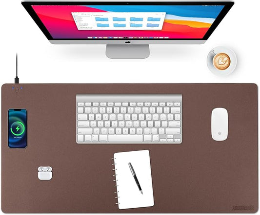 Wireless Charging Desk Mat, Mouse Pad, Brown-L, 36 * 17inch