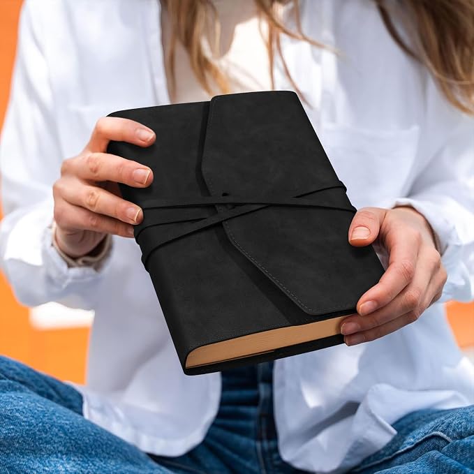 MINICAGIE Vintage Journal for Women Men Leather Bound Junk Journal Notebook 160 Pages Scrapbook Book of Shadows Journals for Writing Diary Travel Journaling Sketching, 5.9x 8.6 in, Soft Cover, Black