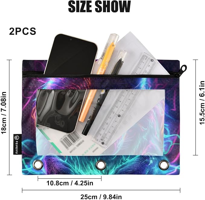 Neon Wolf Galaxy Wolves Pencil Pouch for 3 Ring Binder 2 Pack Zipper Binder Pencil Bag with Clear Window Pencil Case for Office Supplies