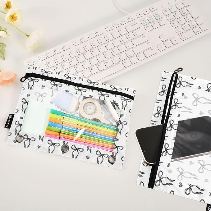 Gredecor 3 Ring Binder Pencil Pouch, Sketched Ink Bows Hearts Zippered Pen Case Pouches with Clear Window, 2 Pack Stylish Office & School Supplie