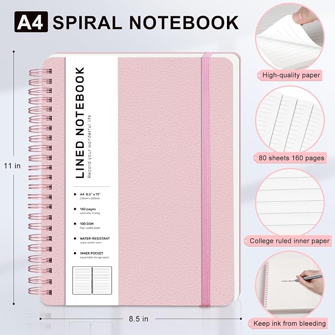 ABERLLS Lined Spiral Journal Notebook with 160 Pages, 8.5×11in, A4 Spiral Notebook, Journaling Notebooks for Work, School, Women, Men, College Ruled Spiral Notebook, Hardcover Leather Journals, Pink