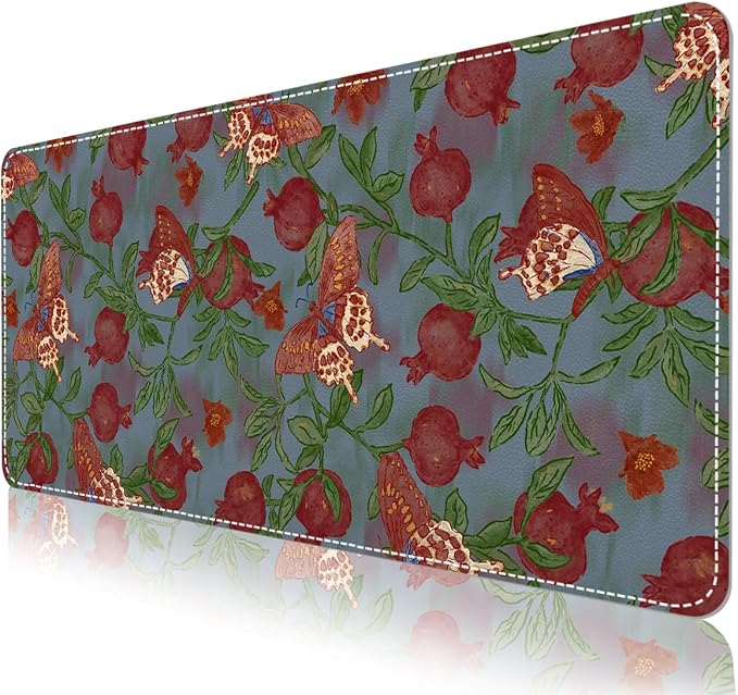 Botanical Floral Desk Pad Blotter,Large Mouse Pad 35 x 17in,PU Leather Desk Mat Writing Pad Protector, Non-Slip Waterprrof,Desktop Decor for Home Office Women Girls (Pomegranate Flower Butterfly)