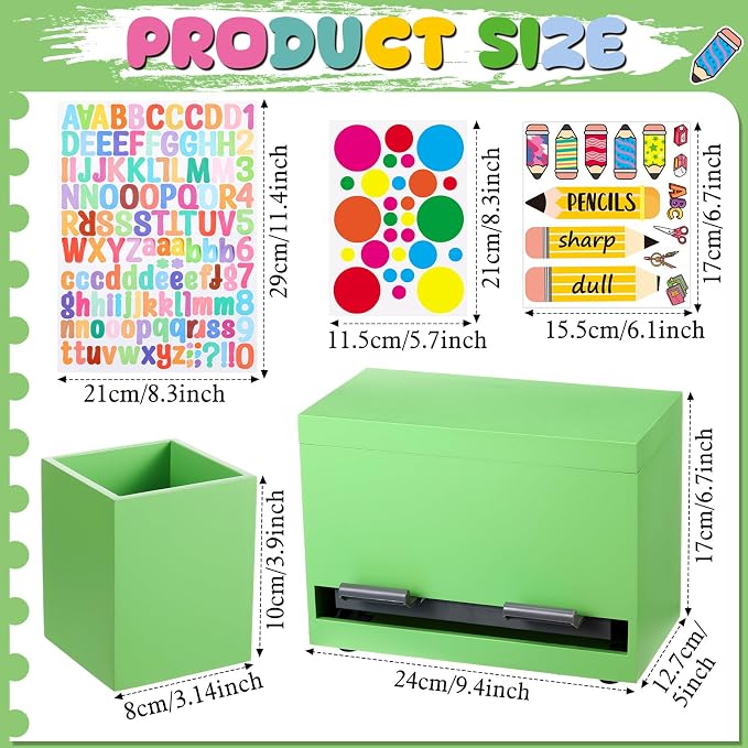 Mifoci 8 Pcs Wooden Pencil Dispenser Kit for Classroom Wooden Pen Holder Straw Dispenser Sharp and Dull Letter Stickers for Teachers Classroom Supplies Storage (Green)