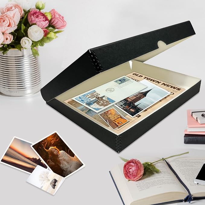 Lineco Clamshell Archival Storage Box, 11x14x1.75 Inch, Black, Pack of 2 | Acid-Free with Metal Edge Boxboard, Organize and Store Photos Documents Cards Negatives Magazine Prints Family Records DIY