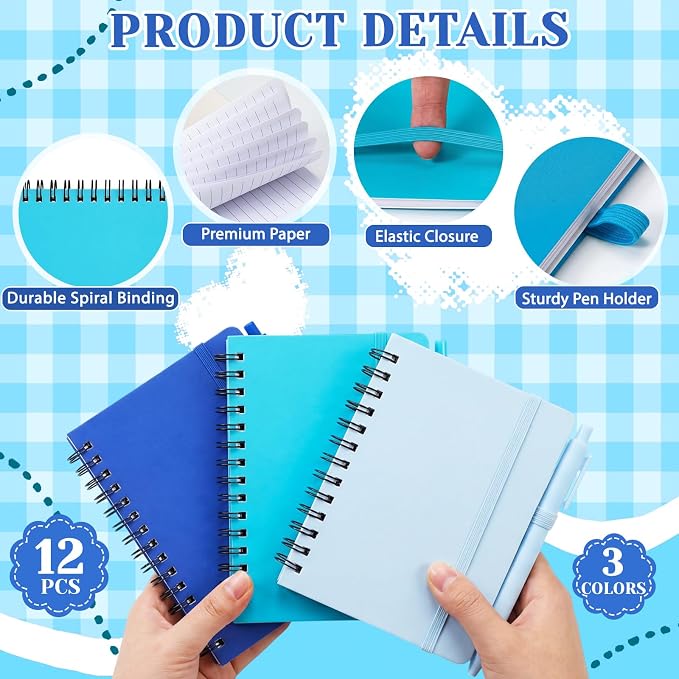Fulmoon 12 Set Small Spiral Notebooks A6 with Pens Bulk, Multicolor 4" x 6" Pocket Notebooks Mini Lined Journals 50 Sheets for Back to School Supplies Students Gifts Rewards Office (Ocean Blues)