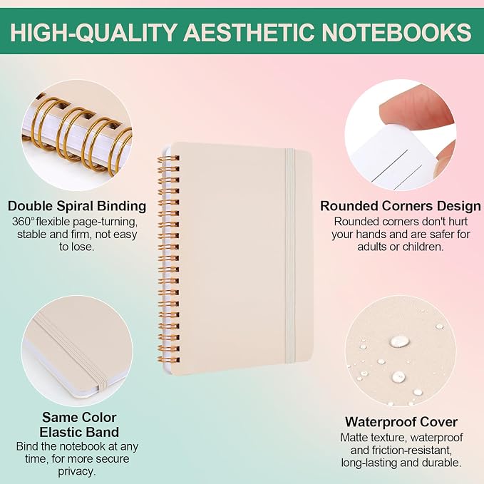 Utron 3 PCS Small Spiral Notebook 5x7, Notebooks for Note Taking, Beige Spiral Journal Notebook, Work Notebook Small Notebooks 5x7 with Strap, Cute Notebooks for Women 70 Sheets/Note Books