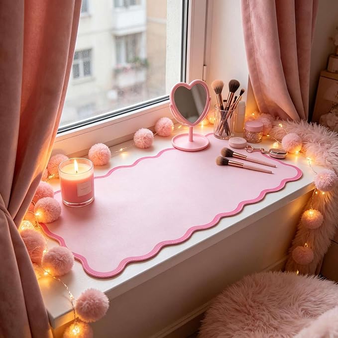 yuboo Pink Scalloped Desk Mat, 31" x 15.7" Large Waterproof Pastel Desk Mat Kawaii Cottagecore Aesthetic Desk Pad Desktop Keyboard Mouse Mat for Dorm Office Gaming Decor
