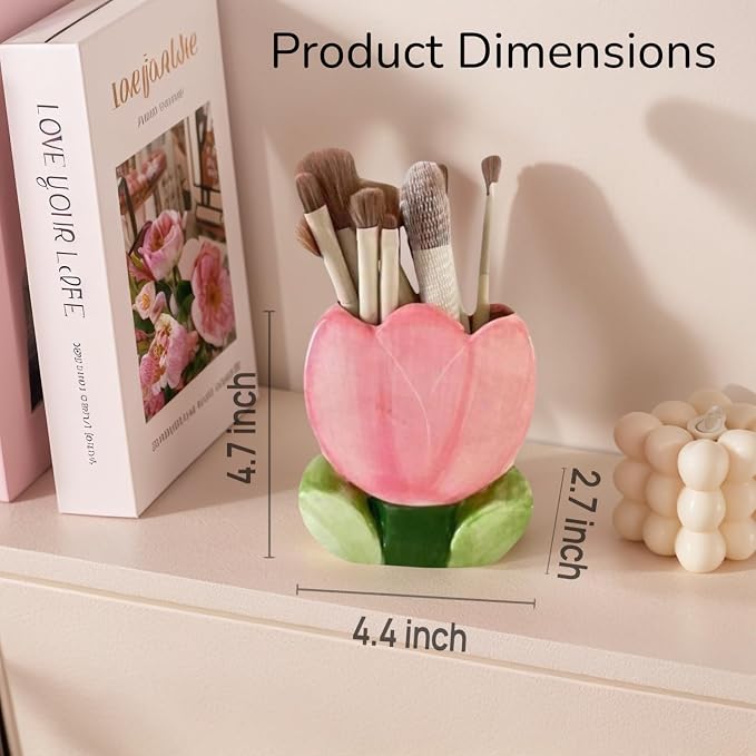 Pink Pencil Holder,Ceramic Tulip Pen Holder, Multi-Purpose Makeup Brush, Aesthetic Office Vanity Kitchen Desktop Decor,Perfect Birthday Christmas Gift for Women Girls