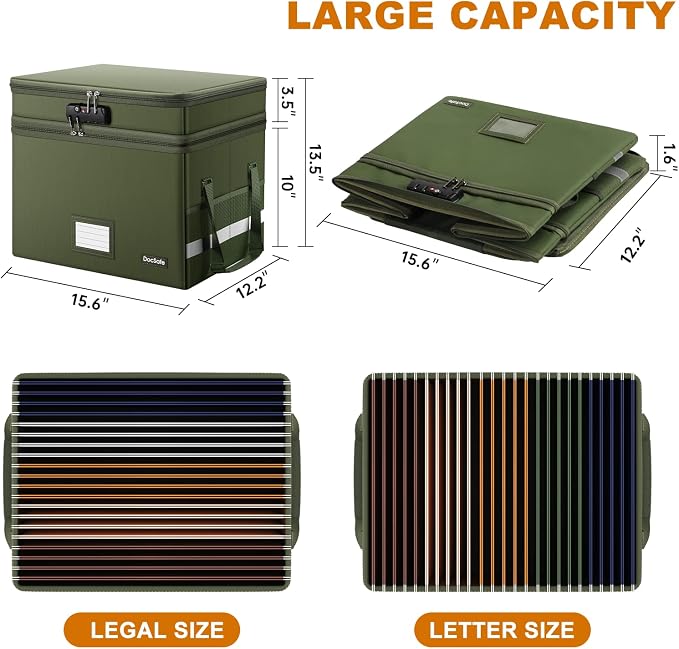 DocSafe File Box with Lock,Multi-Layer Fireproof Document Box Collapsible File Storage Organizer with Pockets/Handle,Portable Home Office Filing Cabinet for Hanging Letter/Legal Size Folders,Green