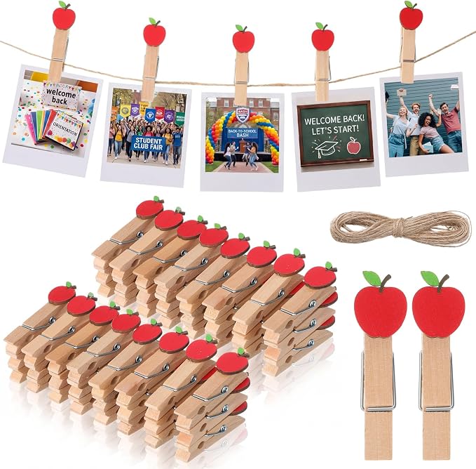 Mifoci 50 Pack Back to School Wooden Photo Clips with Twine, Apple Shaped Clothespins for Classroom Decor, Student Work Display, Teacher Appreciation Gifts, Bulletin Board and Party Decorations