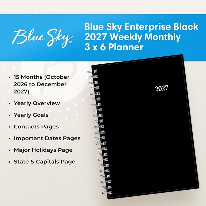 Blue Sky 2027 15-Month Weekly & Monthly Planner, 3.625"x6.125", Enterprise | October 2026 - December 2027, Mini, Flexible Cover, Durable Twin Wire Binding, Laminated Tabs