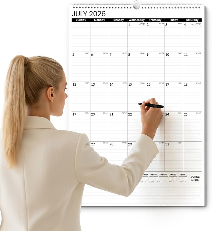 SUNEE 2026-2027 Wall Calendar Large 22.75"x15.5", 21 Month July Calendar (Ends March 2028), Vertical Extra Large, Black Minimalism