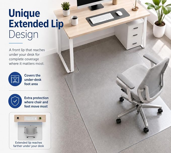 Chair Mat for Carpet- Low Pile (1/4" Thick) Carpet Protector for Office Gaming Computer Desk Chair. Heavy Duty Desk Chair Mat for Carpeted Floors, Semi Transparent (with Lip)