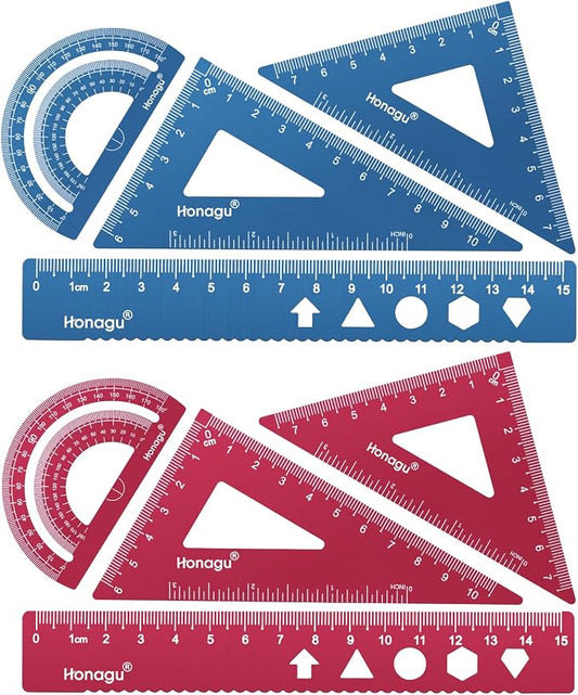 Honagu Triangular Ruler Set, 2 Sets/8 Pieces Aluminum Alloy Ruler, Metal Drafting Ruler, Geometric Protractor for Students, Draftsmen, Engineers, School Office Supplies(15cm/5.9inches, Red+Deep Blue)