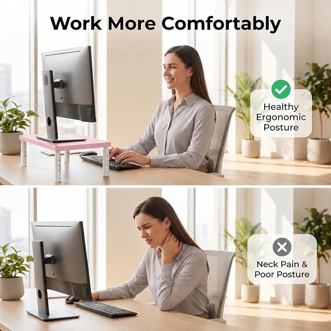 OPNICE Adjustable Computer Monitor Stand Riser for Desk, Desk Organizer & Office Decor for Women, Laptop Stand, Office Desk Accessories & Workspace Organizers for Home Office, Pink Wood
