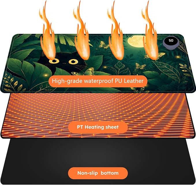Large Heated Mouse Pad–23.6" x 14.2" Desk Mat for Office | 3 Adjustable Heat Levels,Auto Shut-Off After 3 Hours for Safety,Keeps Hands Warm While Working，Jungle Black Cat