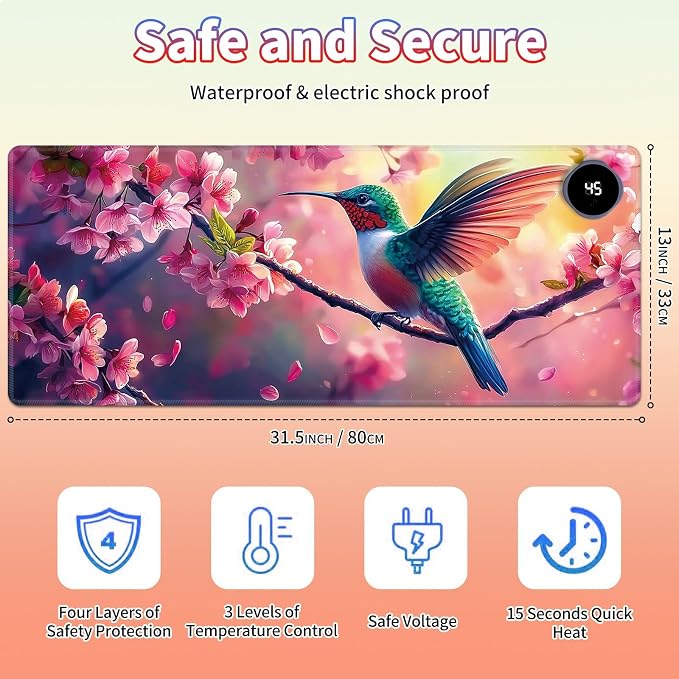 Heated Desk Pad Large Mouse Pad 31.5 x 13 inch with 3 Levels Heating & Auto Shut-Off Warm Mouse pad PU Leather Computer Mousepad for Home Office Work - Cherry Blossom and Hummingbird
