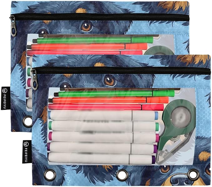Rottweiler Bone Dog Pencil Pouch for 3 Ring Binder 2 Pack Zipper Binder Pencil Bag with Clear Window Pencil Case for Office Supplies