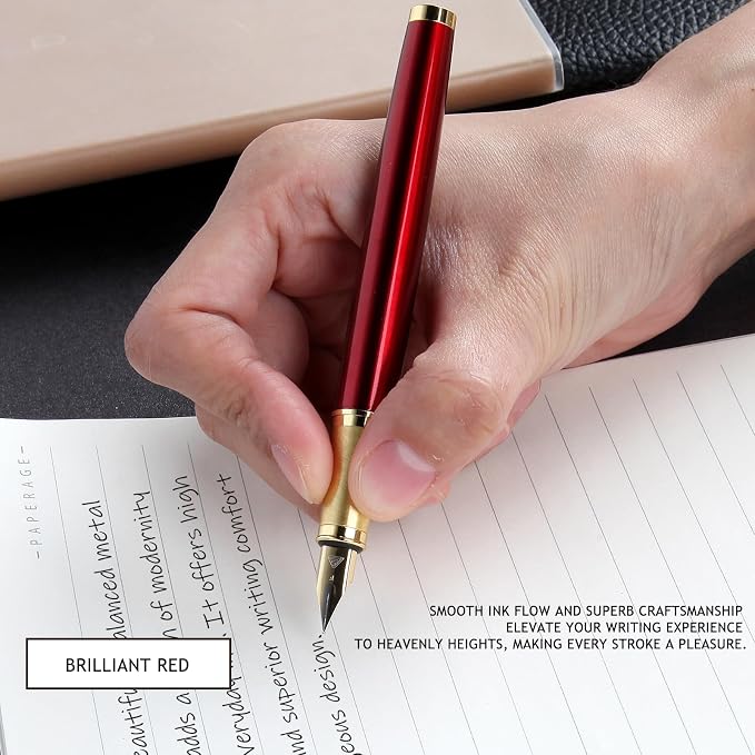 Fountain Pen, luxury pens,Fine point smooth writing pens for journaling fancy pens with Gift Case 10 black ink cartridges an ink converte nice pens metal pen writer gifts（Red）