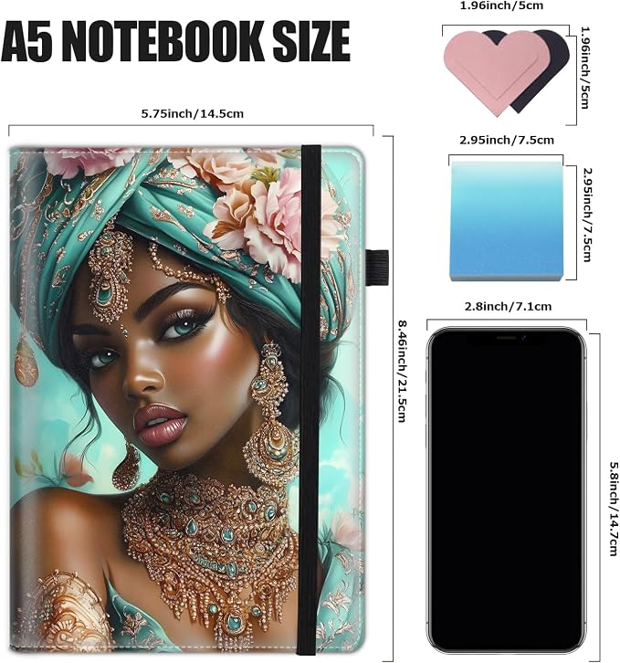 Hardcover Executive Notebooks, A5 PU Leather Lined Journal Notebook, 200 Pages Thick Paper Subject Notebooks for School,Work,Home Writing Business Notebook, Diary Book, Elegant Black Girl