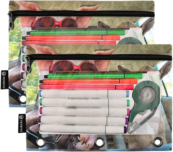 Gredecor Binder Pencil Pouch 3 Ring Pig Goat Driving Car Zipper Pencil Pouches Case 2 Pack Clear Binder Organizer for School Office