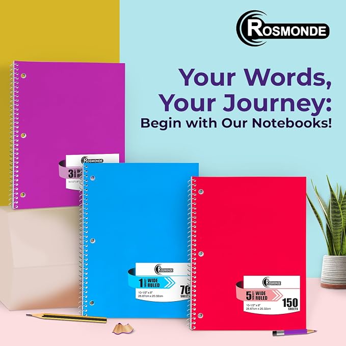 Rosmonde 24 Pack 3 Subject Spiral Notebook Wide Ruled Bulk, Thick Paper, Extra Pages - 300 Pages (150 Sheets), 8 x 10-1/2", Bulk Subject Notebooks for Home & Writing Daily Chores, Bulk Spiral Notebook