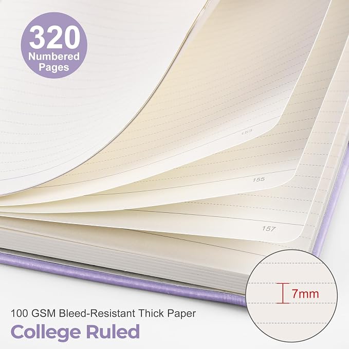 EMSHOI Lined Journal Notebook, 320 Numbered Pages, A5 Size (5.7'' x 8.3'') | Leather Hardcover, 100 GSM Thick Paper, for Women & Men, Journaling, Writing, Work & Office, Sun Debossed (Light Purple)