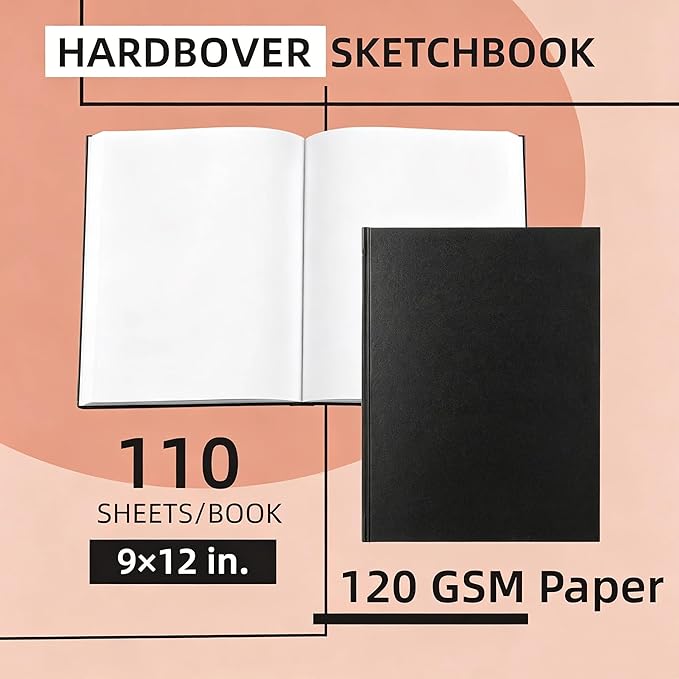 3-Pack Hardcover Sketch Book 9" x 12" - 110 Sheets (220 Pages) Each, 120GSM Thick Smooth Drawing Paper, Hardbound Sketchbooks for Artists & Students