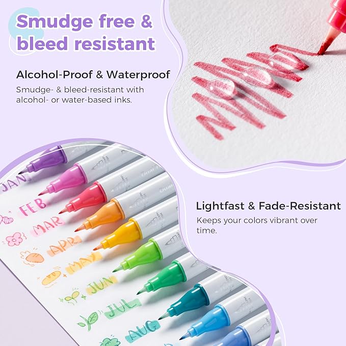 Ohuhu 12 Colors Brush & Fineliner Dual Tips Colored Drawing Pens for Adults | Waterproof & Alcohol-proof Brush Micro Pens for Artists & Beginners Drawing Sketching Bullet Journal Outlining Office Class