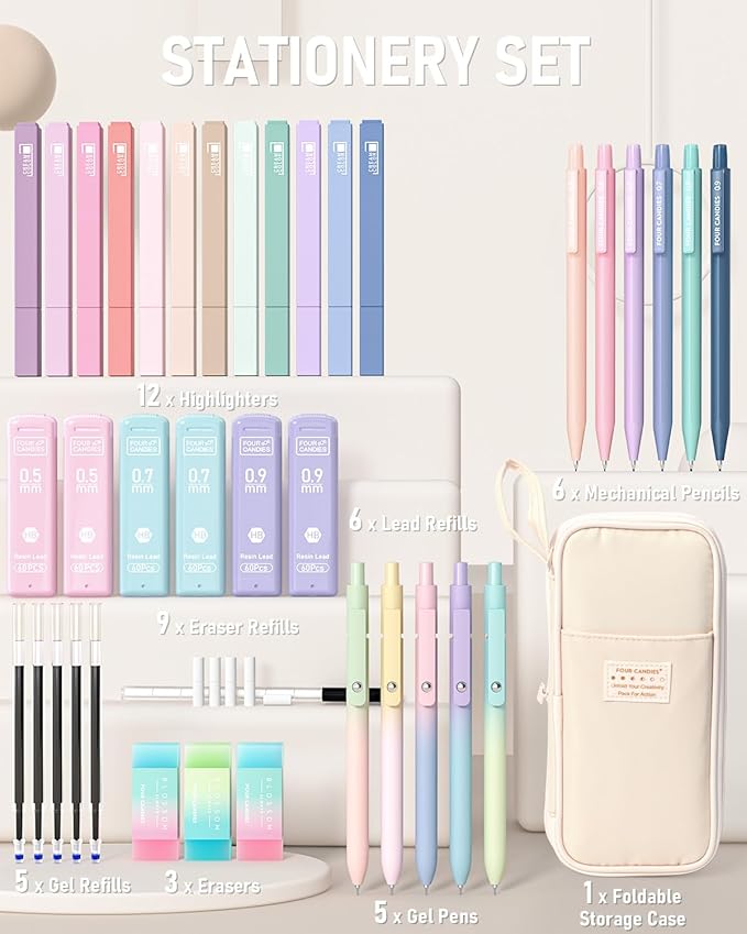 Four Candies School Supplies with Cute Pen Case, 39ct, Cream | Back to School Stationery Set, Essentials for College & Nursing Students, 5 Gel Pens, 6 Mechanical Pencils, 12 Highlighters
