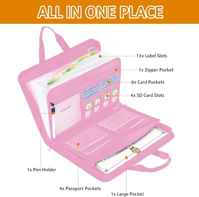 onvvippiv File Organizer Fireproof Expanding Accordion File Folder | Document Organizer Holder Storage Box Bag with Zipper Labels 13 Pockets for Business Office Receipt Home Travel