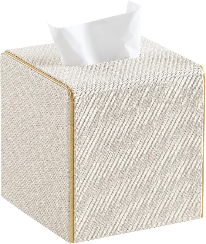 Square PU Leather Tissue Box Cover with Magnetic Closure, Decorative Tissue Holder & Storage Container for Bedroom, Living Room, Dining Room, Bathroom, Countertop, Desk (Square Off-White Twill)