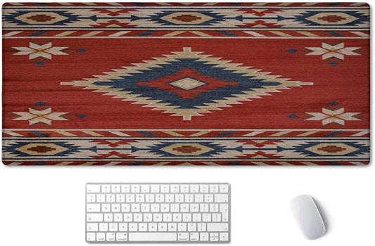 SSOIU Extended Gaming Mouse Pad (35.5x15.7 in), Large Stable Rubber Base Mousepad with Stitched Edges, Keyboard Mouse Mat Desk Pad for Work, Game, Office, Home - American Southwestern Tribal Pattern