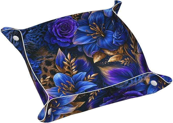 Luxury Leopard And Floral Blue Roses Valet Tray Leather Desktop Storage Organizer Bedside For Jewelry Keys Coin Sundries