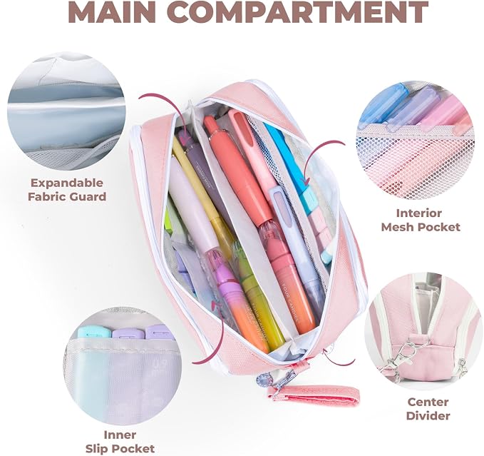 Four Candies Pink Pencil Case 3 Compartment, Large Pencil Pouch with Removable Handle & Zipper, Cute Stationery Organizer Big Pencil Case for Markers, Pencil Bag for Office College, Pink