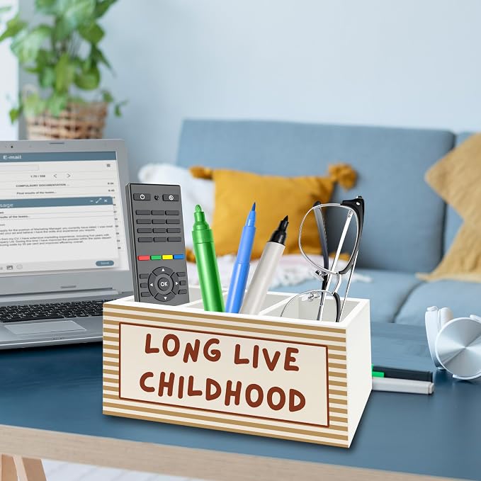 Retro Kids Pen Pencil Holder Organizer for Desk, Orange Striped Long Live Childhood Wooden Box Signs Decorations for Home Classroom Kids Room Bedroom Desk Tabletop, Boys Room Decor