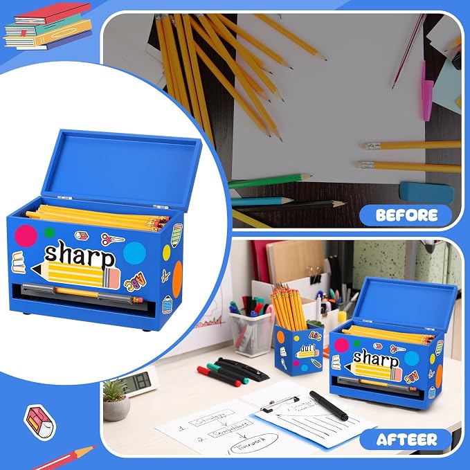 Mifoci 8 Pcs Wooden Pencil Dispenser Kit for Classroom Wooden Pen Holder Straw Dispenser Sharp and Dull Letter Stickers for Teachers Classroom Supplies Storage (Royal Blue)