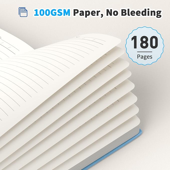 Oucaru 4 Pack A5 Lined Journal Notebook, 180 Pages 100 GSM Paper for Travel | 100 GSM Thick Paper No Bleed, 180 Lined Pages, 180° Lay Flat, Pen Holder, Back Pocket, 4 Pack Journal Set for Writing