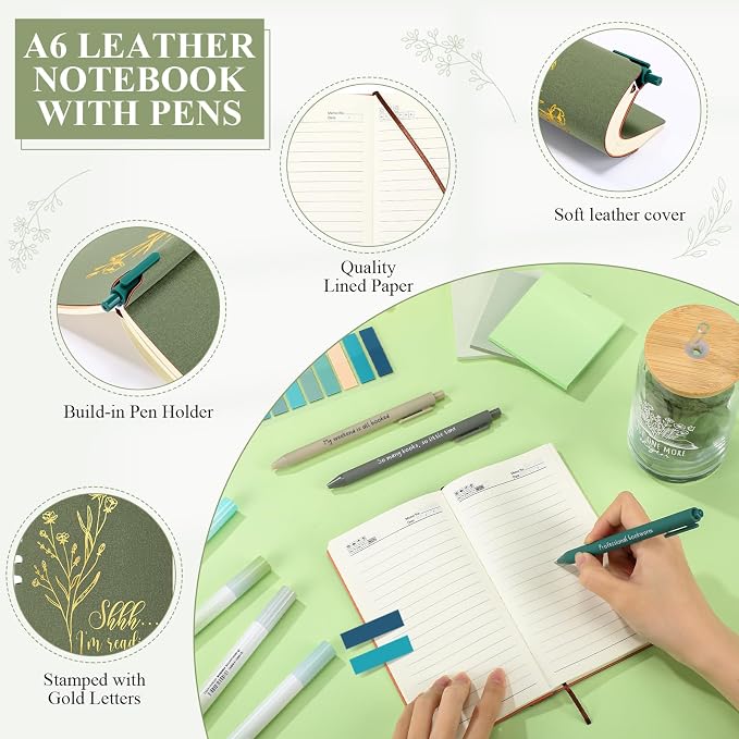Havawish 14 Pcs Book Lovers Gift for Women 16 oz Glass Cup Tote Bag A6 Journal Notebook Pens Highlighters Sticky Notes Back to School Teacher Librarian Bookish Book Club(Light Green,Aesthetic)