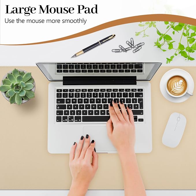 Beige Leather Desk Mat Large Mouse Pad, Waterproof Desk Pad for Keyboard and Mouse, Non-Slip Computer Desk Protector, Smooth Mouse Movement Desk Mat for Home and Office(31.5"×15.7")