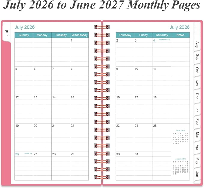 2026-2027 Pocket Planner/Calendar - 2026-2027 Planner from July 2026 - June 2027, Planner 26-27 with 12 Tabs, Twin-Wire Binding, Inner Pocket, 3.75" x 6.75, Pink