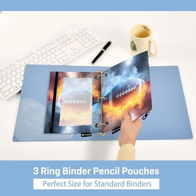 ALAZA Pencil Pouch for 3 Ring Binder, Waterfire Football Soccer Binder Pencil Pouches with Clear Window Zipper Pencil Case Cosmetic Bags for Office College Supplies, 2PCS