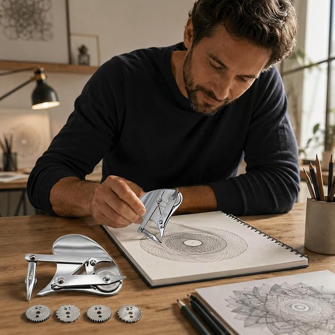 Mechanical Gear Train Ruling Pen - Vintage Precision Dotting Pen Set with 4 Brass Dotting Wheels, Blueprint Drafting Tool for Architects, Designers, Engineers, Technical Drawing Kit (Silver#B)