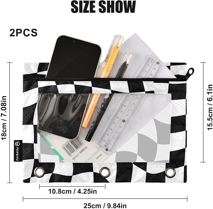 Gredecor 3 Ring Binder Pencil Pouch, Wavy Checkered Zippered Pen Case Pouches with Clear Window, 2 Pack Stylish Office & School Supplie