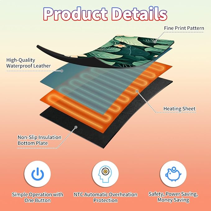 Heated Desk Pad Large Mouse Pad 31.5 x 13 inch with 3 Levels Heating & Auto Shut-Off Warm Mouse pad PU Leather Computer Mousepad for Home Office Work - Green Leaf Flowers