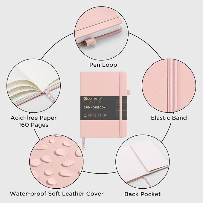 &And Per Se Graph Notebook, 5mm Grid, A5 Hardcover, 160 Pages 100gsm Thick Paper, Grid Journal for Diagrams, Wireframes, CAD Sketches (Pink)