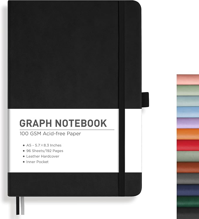 RETTACY Graph Grid Paper Notebook, 192 Pages, A5 Size (5.7'' x 8.3'') | 5 Squares per Inch, Leather Hardcover, 100 GSM Thick Paper, for School, Students, Math, Engineering (Black)